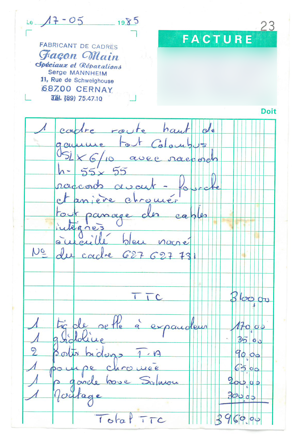 FACTURE RANDONNEUSE LEGERE SERGE MANNHEIM 1985