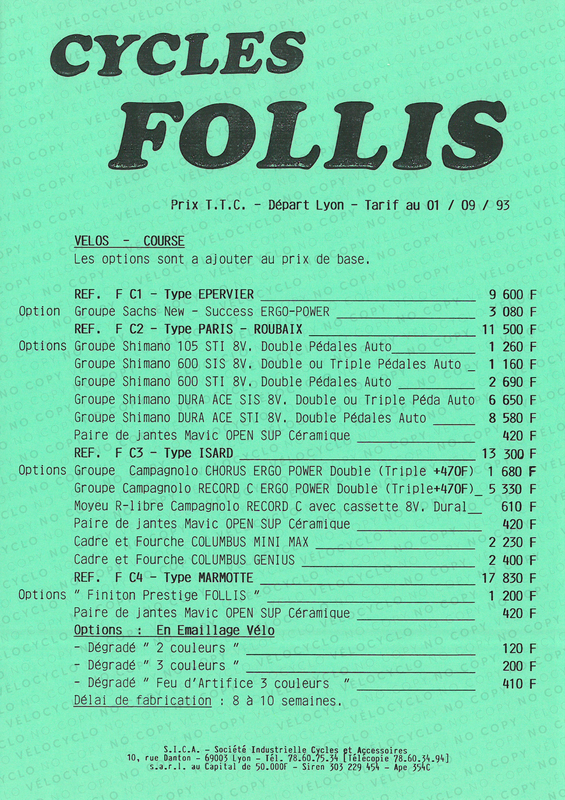 TARIFS FOLLIS SEPT 1993 VELOCYCLO 1