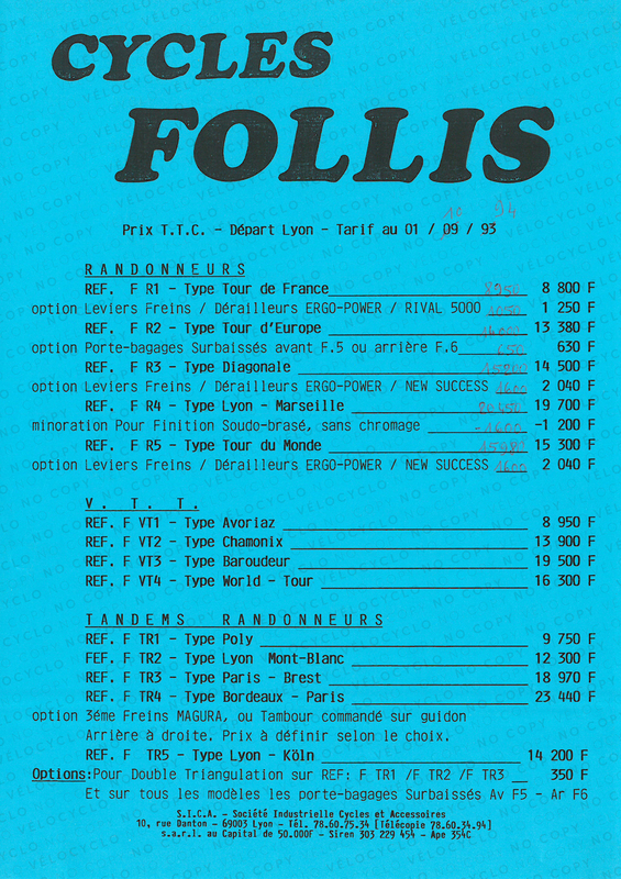 TARIFS FOLLIS OCT 1994 VELOCYCLO 1