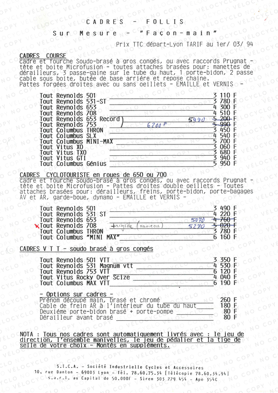 TARIFS FOLLIS MARS 1994 VELOCYCLO 1