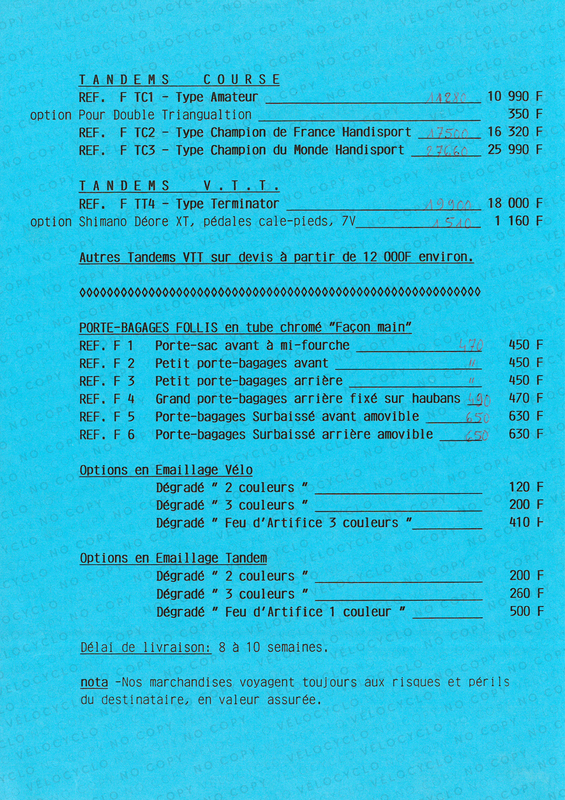 TARIFS FOLLIS OCT 1994 VELOCYCLO 2