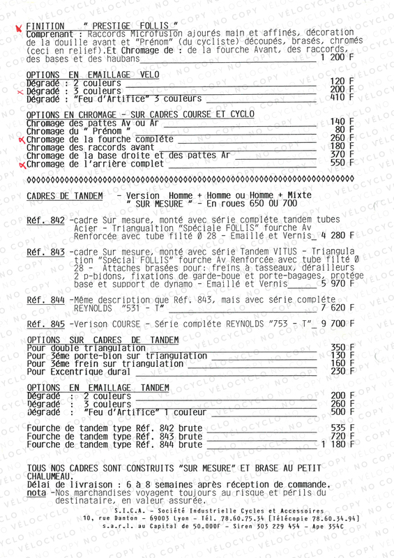 TARIFS FOLLIS MARS 1994 VELOCYCLO 2