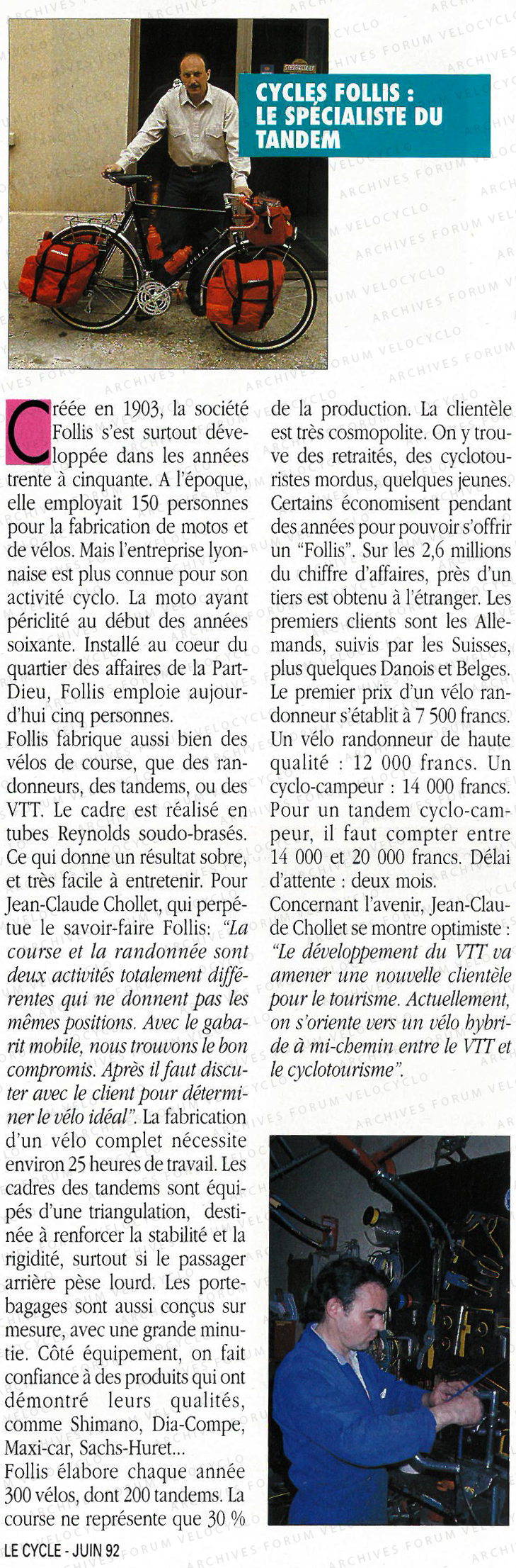 ARTICLE FOLLIS LE CYCLE JUIN 92 VELOCYCLO