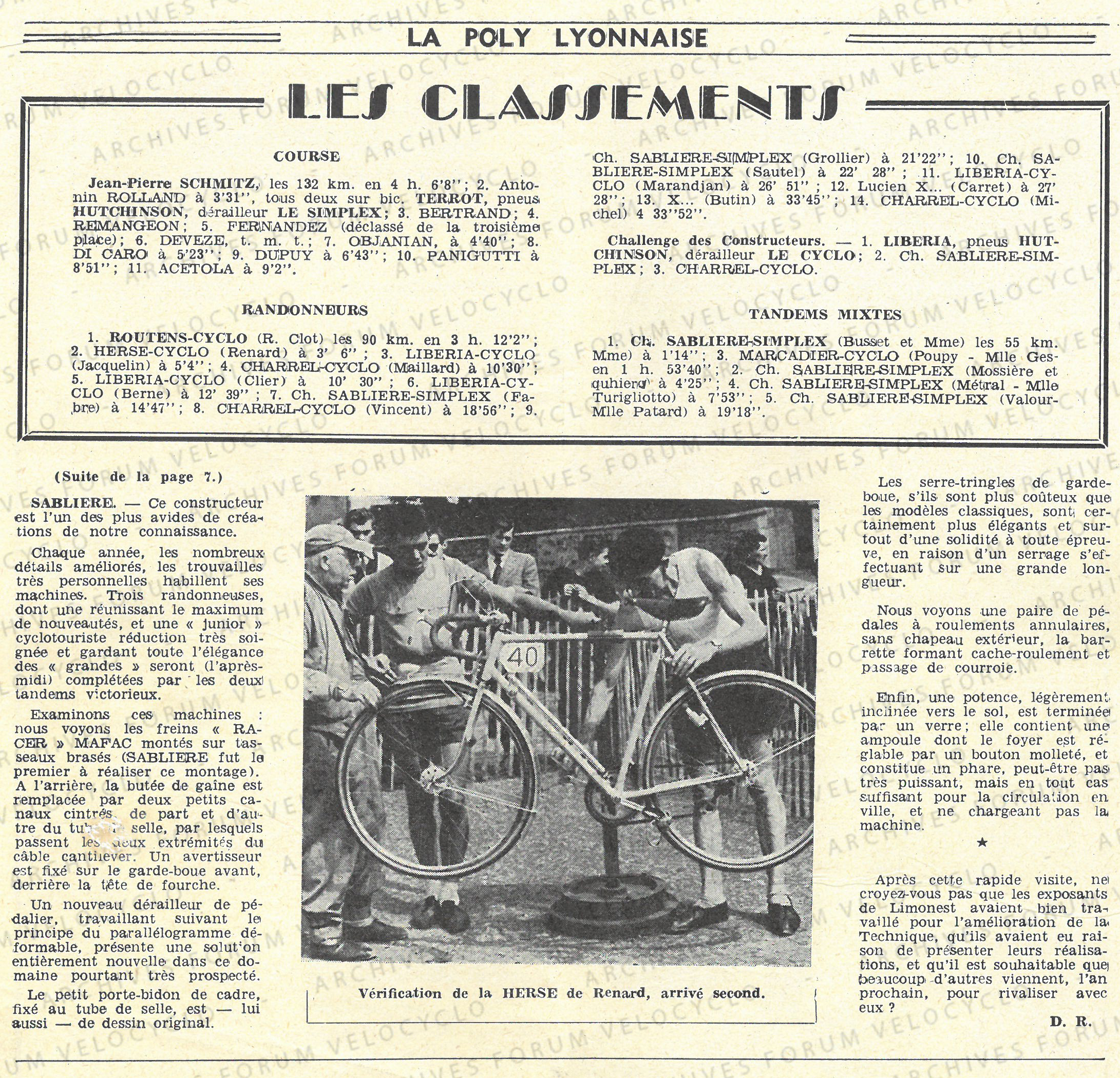 article POLY LYON 1954 SABLIERE VELOCYCLO